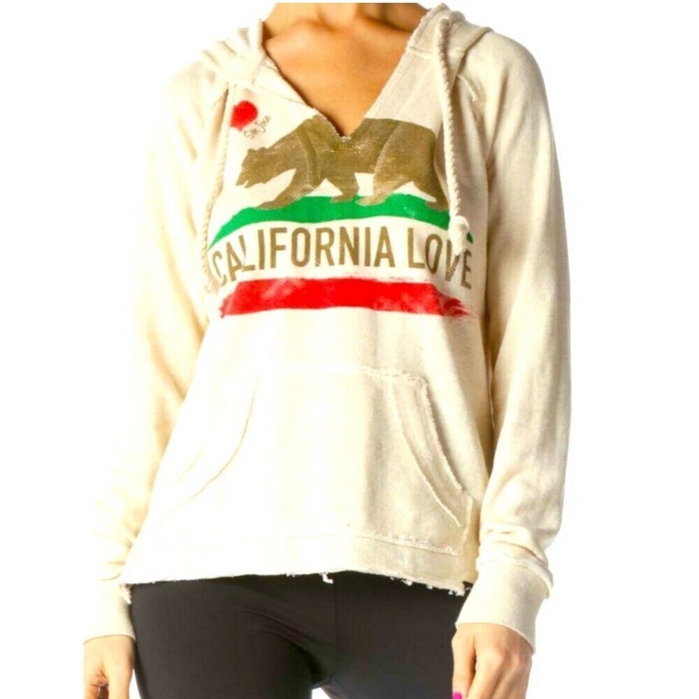 Billabong California Love Pullover Hoodie bear graphic flag cream drawstring SM